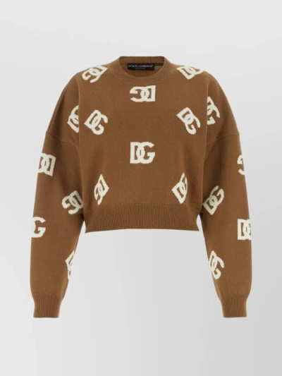 Dolce & Gabbana Embroidered Crewneck Wool Jumper In Brown