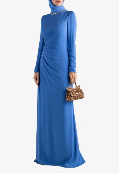 Dolce & Gabbana Embroidered Gathered Maxi Dress In Blue