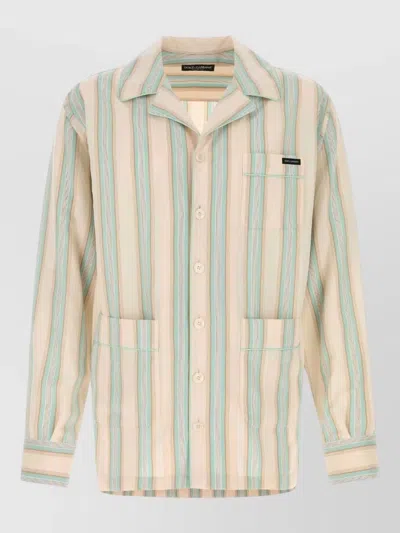 Dolce & Gabbana Embroidered Jersey Shirt Striped Notched Collar In Brown