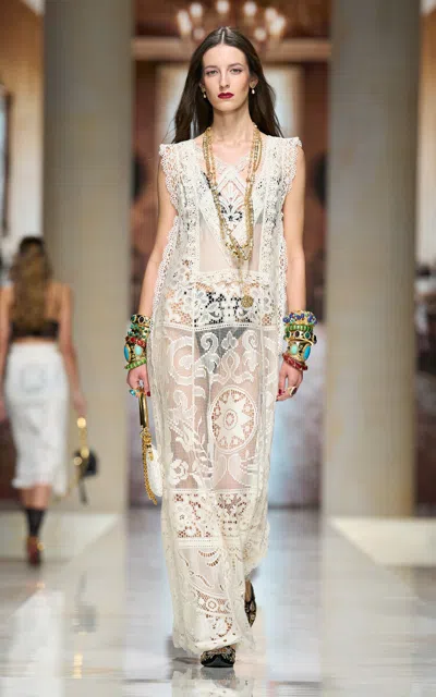 Dolce & Gabbana Embroidered Lace Maxi Dress In Brown