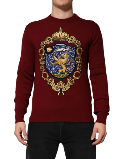 Dolce & Gabbana Burgundy Cashmere Lion Crest Pullover Sweater In Red