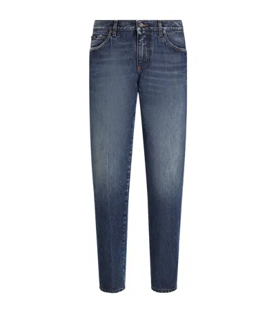 Dolce & Gabbana Embroidered Logo Jeans In Blue