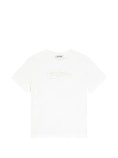 Dolce & Gabbana Embroidered Logo Round Neck Short Sleeve T-shirt For Girls In White