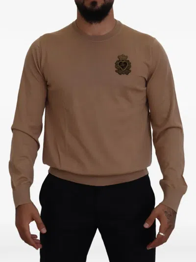 Dolce & Gabbana Cashmere Crown Logo Crew Neck Sweater In Brown