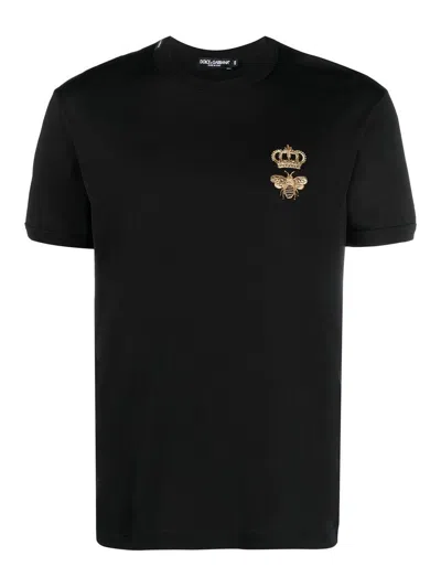 Dolce & Gabbana Embroidered Bee And Crown Cotton T-shirt In Black