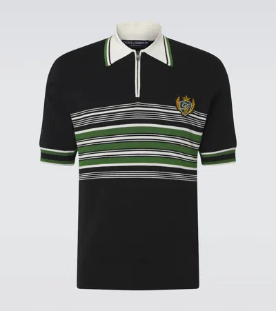 Dolce & Gabbana Embroidered Striped Silk And Cotton Polo Shirt In Black