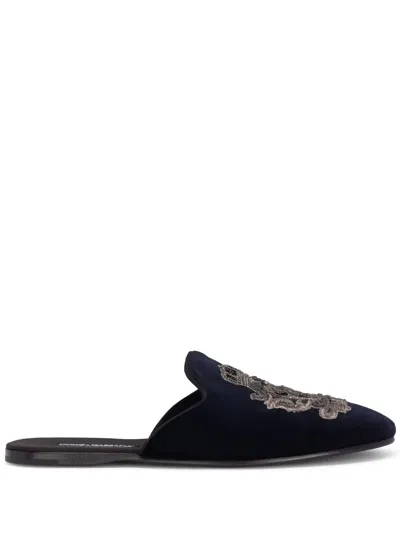 Dolce & Gabbana Velvet Slipper In Navy Blue