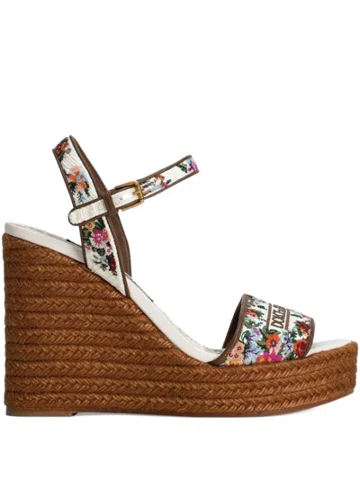 Dolce & Gabbana Leather-trimmed Embroidered Canvas Platform Wedge Sandals In Brown