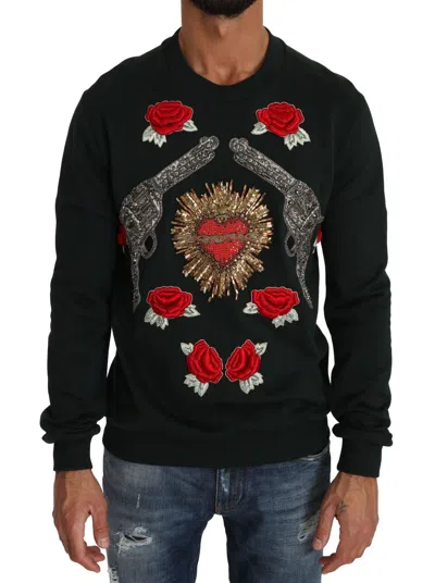 DOLCE & GABBANA EMERALD COTTON SWEATER WITH CRYSTAL EMBROIDERY