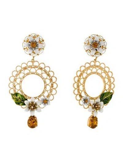 Pre-owned Dolce & Gabbana Enamel & Crystal Flower Drop Clip-on Earrings In Green/white