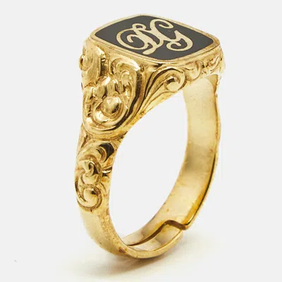 Pre-owned Dolce & Gabbana Enamel Logo Gold Ring Size 60
