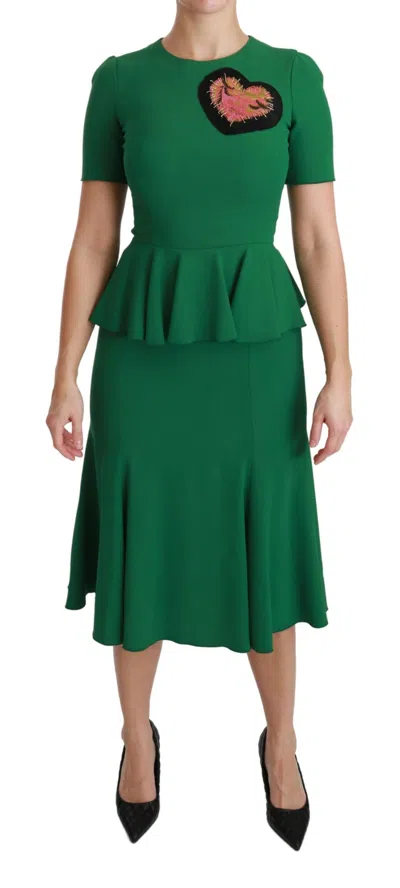 Dolce & Gabbana Heart Patch Mermaid Midi Viscose Dress In Green