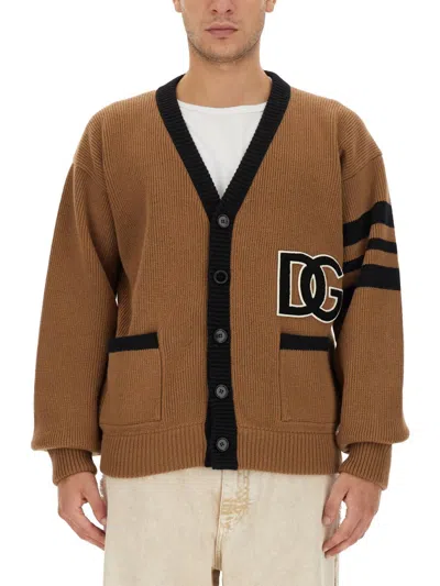 Dolce & Gabbana Virgin Wool Cardigan With Terry Fabric Monogram In Beige
