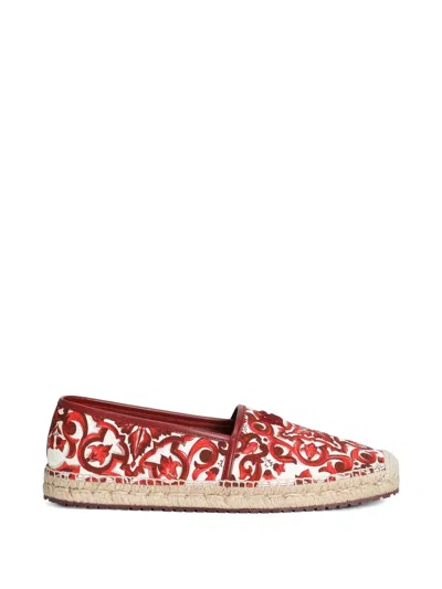 Dolce & Gabbana Espadrilles Canvas Majolica Print Leather Heel In Multi