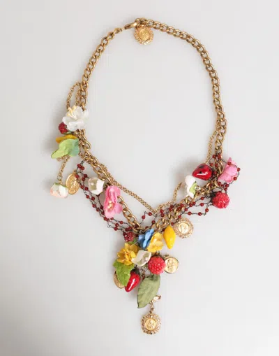 Dolce & Gabbana Estate Multicolor Floral Fruit Gold Chain Statement Women's Necklace