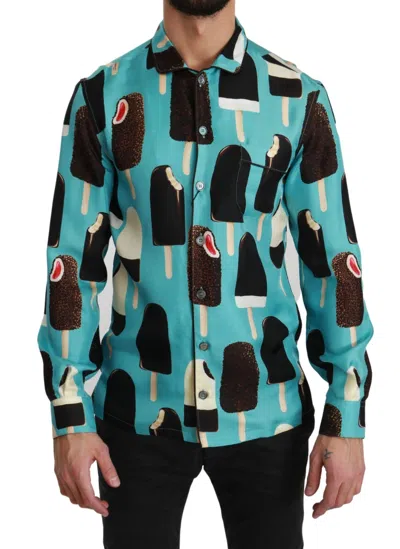 Dolce & Gabbana Exclusive Silk Blend Ice-cream Print Men's Shirt In Blue