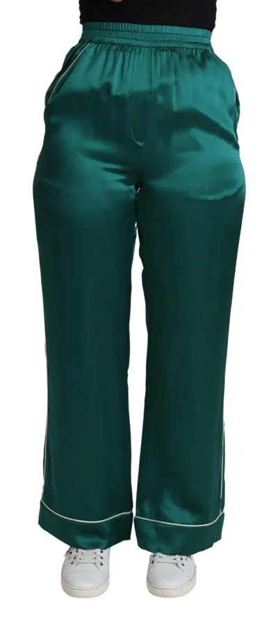 Dolce & Gabbana High Waist Silk Pajama Style Trousers In Green