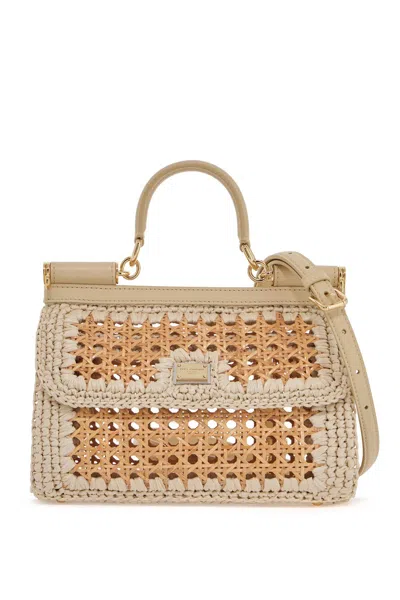 Dolce & Gabbana Elongated Sicily Woven Raffia Top Handle Bag In Beige