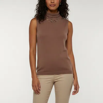 Pre-owned Dolce & Gabbana Fabiana Filippi Brown Stud Detail Knit Turtleneck Top Xs