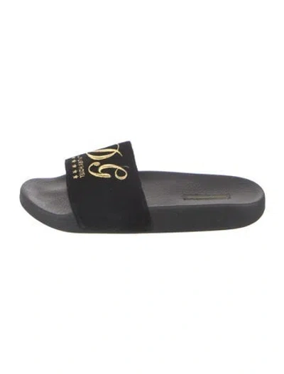 Pre-owned Dolce & Gabbana Faces Motif Velvet Slides In Black