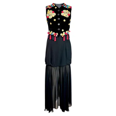 Pre-owned Dolce & Gabbana Dolce Gabbana Fall 1992 Ensemble Velvet Waistcoats Spaghetti Dress In Black