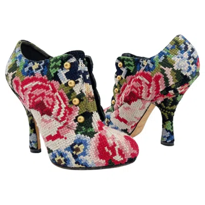 Pre-owned Dolce & Gabbana Fall 2012 Runway Floral Tapestry Platform Ankle Boots It 38 In Brown