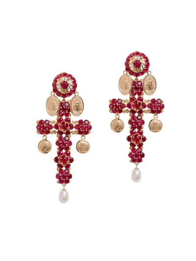 Dolce & Gabbana Family Yellow Gold Cross Pendant Earrings With Rubies Gold Female Onesize