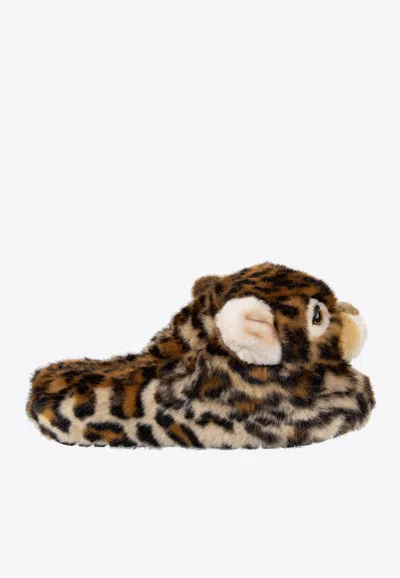 Dolce & Gabbana Faux-fur Leopard Slippers In Brown