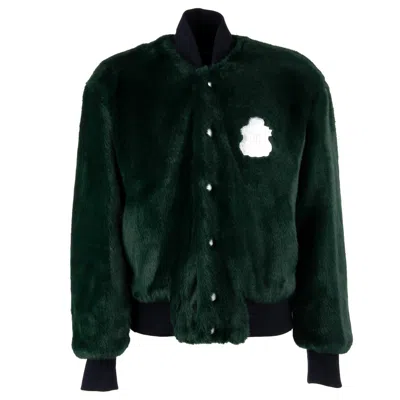 Pre-owned Dolce & Gabbana Faux Fur Oversize Bomber Jacket With Logo Patch Green Blue 11219
