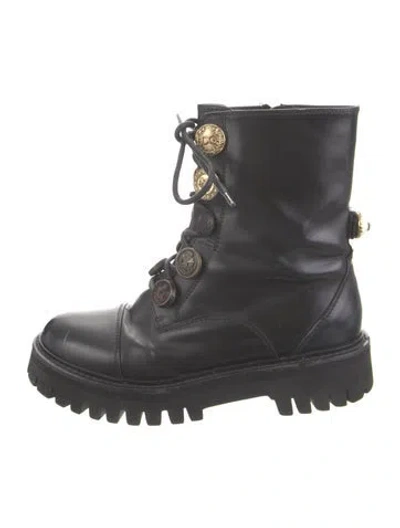 Pre-owned Dolce & Gabbana Faux Pearl Accents Leather Combat Boots In Black