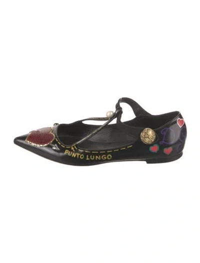 Pre-owned Dolce & Gabbana Faux Pearl Accents Leather Mary Jane Flats In Black