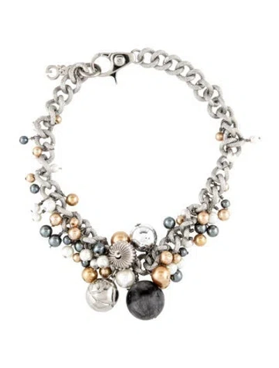 Pre-owned Dolce & Gabbana Faux Pearl & Resin Beaded Choker Necklace, 16" In Black/gold/silver