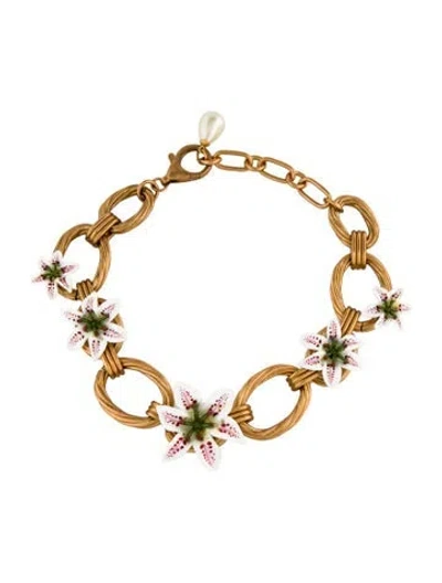 Pre-owned Dolce & Gabbana Faux Pearl & Resin Lily Collar Necklace, 17.75"