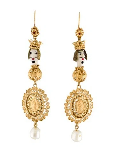 Pre-owned Dolce & Gabbana Faux Pearl, Crystal & Resin Marionette Ornate Drop Earrings. In Multi