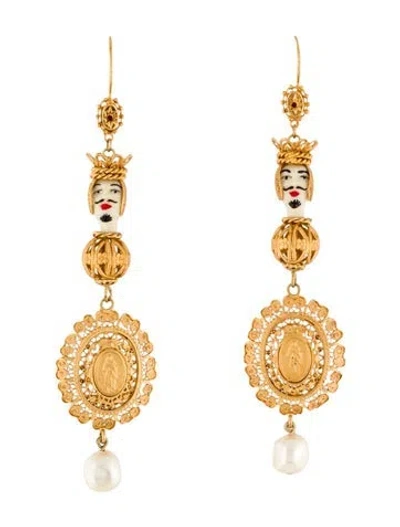 Pre-owned Dolce & Gabbana Faux Pearl, Crystal & Resin Pupi Doll Drop Earrings In Multi