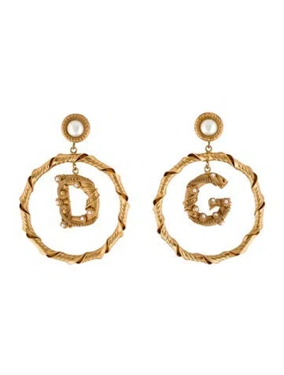 Pre-owned Dolce & Gabbana Faux Pearl Dg Hoop Drop Clip-on Earrings In Multi