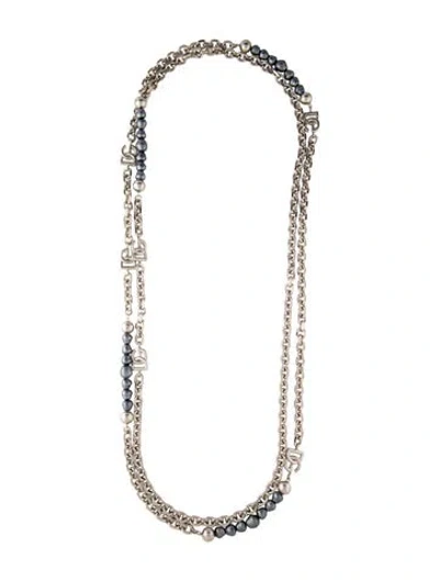 Pre-owned Dolce & Gabbana Faux Pearl Dg Logo Long Chain Station Necklace, 35.25" In Gray
