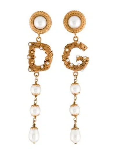 Pre-owned Dolce & Gabbana Faux Pearl Logo Clip On Drop Earrings In Multi