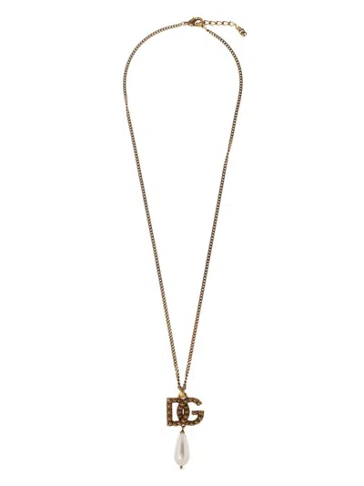 Dolce & Gabbana Faux-pearl Logo-pendant Necklace In 87279 Oro Scuro