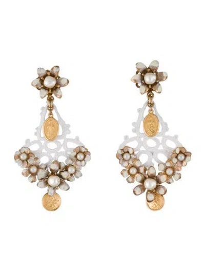 Pre-owned Dolce & Gabbana Faux Pearl,enamel & Lace Pendant Drop Clip-on Earrings In White