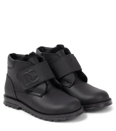 Dolce & Gabbana Kids' Faux Shearling-lined Leather Ankle Boots In Black
