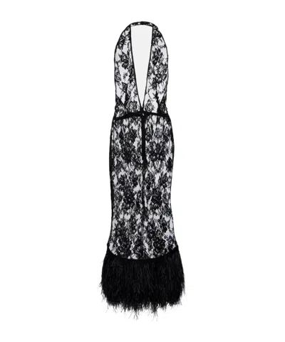 Dolce & Gabbana Feather-decorated Floral Lace Midi Dress In Black