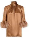 Dolce & Gabbana Double Satin Turtle-neck Top With Feathered Detailing In Brown