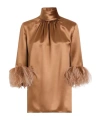 Dolce & Gabbana Double Satin Turtle-neck Top With Feathered Detailing In Brown