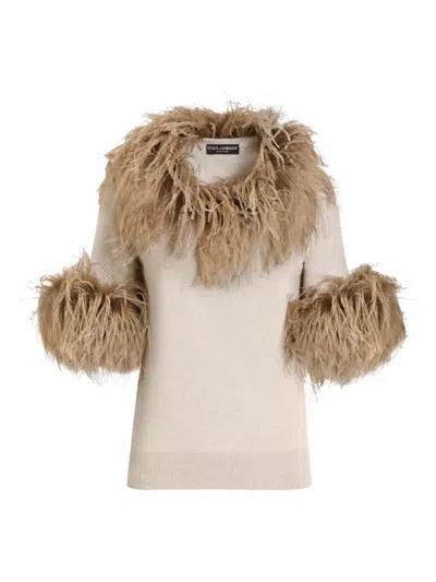 Dolce & Gabbana Feather-trim Cashmere Top In Neutral