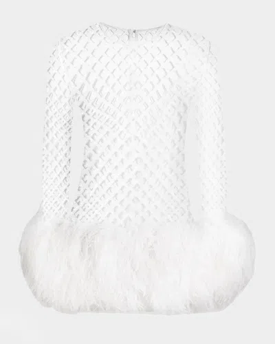 Dolce & Gabbana Feather-trim Sequined Fishnet Long-sleeve Mini Dress In White