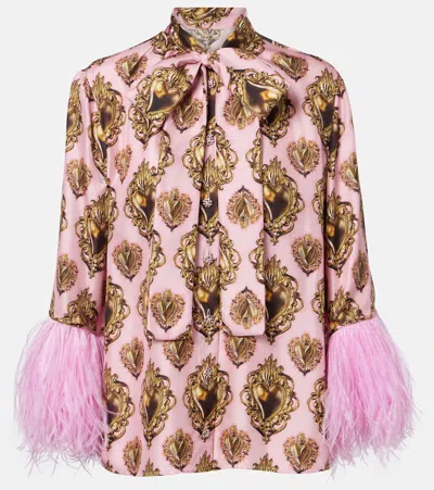 Dolce & Gabbana Feather-trimmed Printed Silk Blouse In Pink