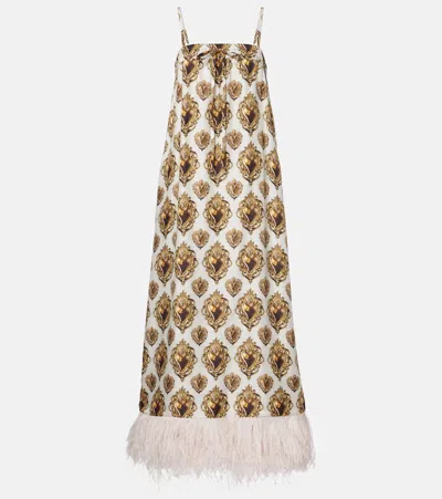 Dolce & Gabbana Feather-trimmed Printed Silk Maxi Dress In White
