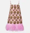 Dolce & Gabbana Feather-trimmed Printed Silk Minidress In Pink