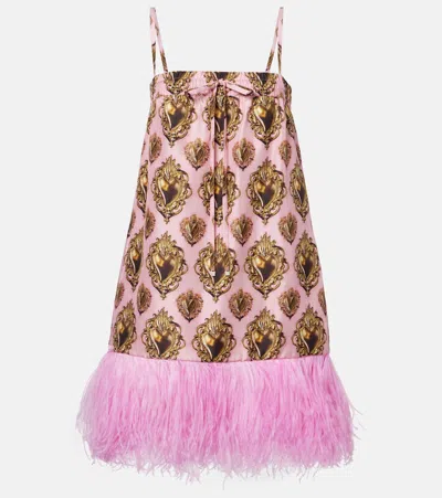 Dolce & Gabbana Feather-trimmed Printed Silk Minidress In Pink